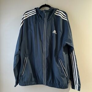 Adidas Lightweight Hooded Windbreaker Jacket Navy Blue White Stripes w/ Pouch